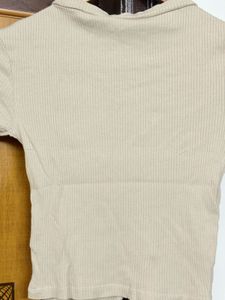 Casual Beige Ribbed T-Shirt