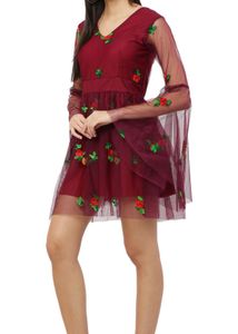 Burgundy Floral Embroidered Mini Dress