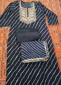 Blue Straight Kurti Pant Dupatta Set