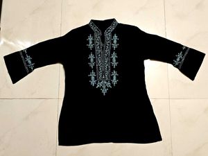 Pure Linen Short Kurti Hand Embroidery Blac