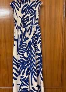 Blue &amp; White Tropical Smocked Midi Dress