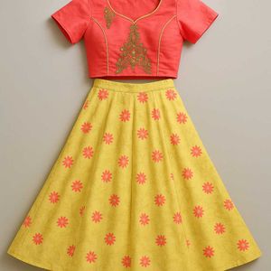 Red And Yellow Lehanga With Net Chudidhar