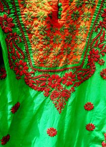 Embroidered  Chikenkari Green Kurta