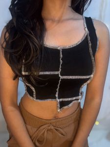 Black Asymmetric Patchwork Crop Tank  Top