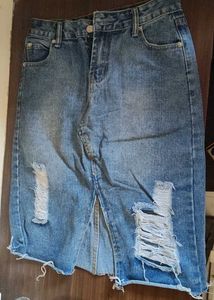 Ripped Midi Length Denim Skirt