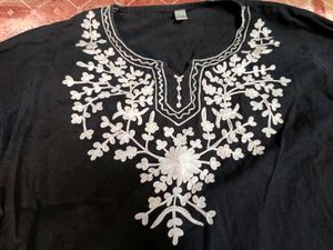 Elegant Black Cotton Kurti With White Floral