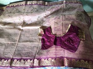 Used CreamColor With PurpleBorder TussarSilk Saree