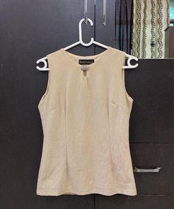 Chic Beige Shine Sleeveless Top with Embellishment