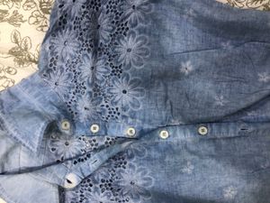 Crop Blue Floral Embroidered Shirt Off Shoulder