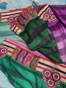New🔥 Elegant Green N Purple Striped Saree