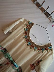 Cream Floral Gown with Embellished Neckline