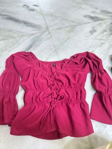 Pink Ruffle Sleeve Tie-Front Top