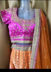 Elegant Silk Orange And Pink Lehanga