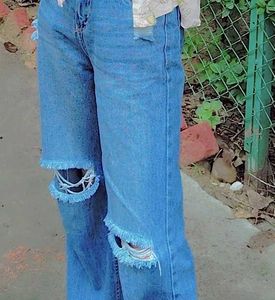 Straight Fit Distressed Blue Denim Jeans For Women