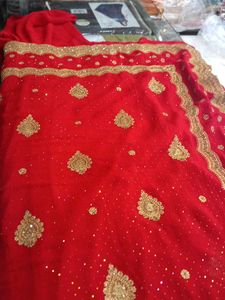 Red &amp; Gold Embellished Saree (Issue)