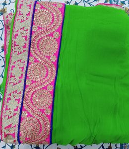 Green &amp; Pink Border Sari With Blouse