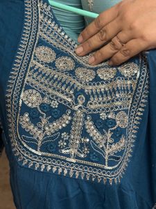 Teal Blue Silver Embroidered Kurta Set