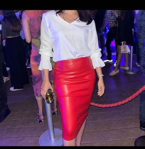 Red Faux Leather Pencil Skirt