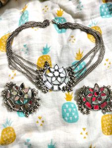 Mirror Detail Silver Jewelry Set