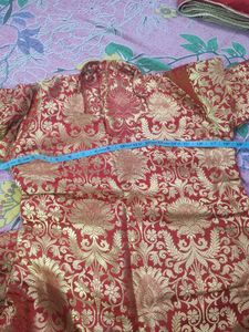 red and off white colour banarasi suit