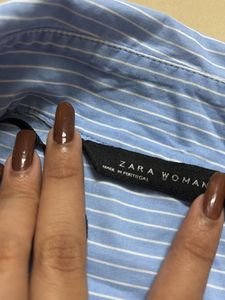 ZARA Oversized Striped Poplin Shirt – Light Blue &amp;