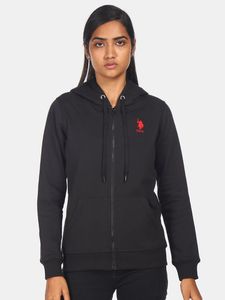 U S Polo Assn Women Black Front Open Sweatshirt