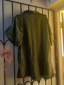 Olive Green Button-Down Shirt Dress With Pockets
