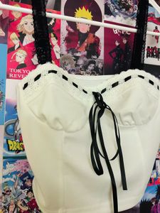 White Lace Top With Black Bow