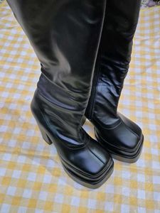 Black Calf Length Platform Boots