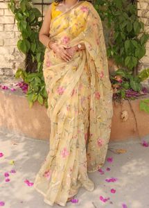 Yellow Organza Embroidered Dress/Saree MATERIAL
