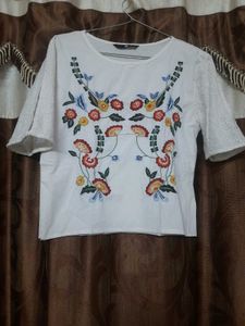 Floral Embroidered Top with Schiffli Sleeves