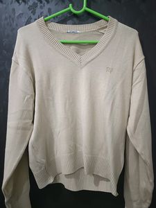 Women V Neck Beige Sweater