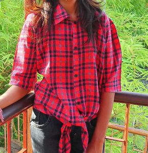 Red &amp; Black Checked Tie-up Shirt (Woman)
