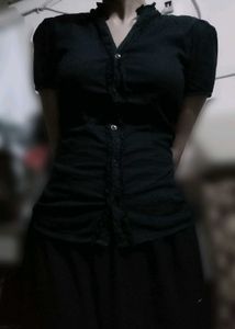 Midnight Ruffle Charm – Black Fitted Shirt