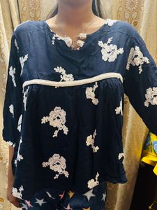 Floral Embroidered Navy Blue Top