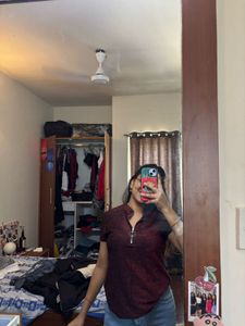 red shimmery top with zip detail from shein
