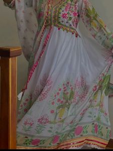 White Printed Anarkali Dress With Dupatta And Pant