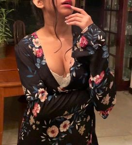 Black Flower Print Wrap Around Dress