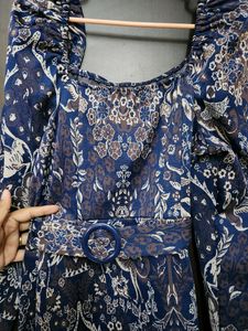 Navy Blue Belted Puff Sleeve Jacquard Dress