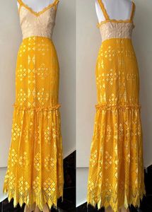 FOXIEDOXTwo-tone Crochet Maxi Gown In Yellow/ivory
