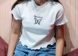 Spoiled Butterfly Embroidery Lettuce Knitted Crop