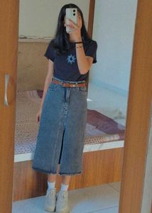 Denim Midi Skirt with Slit