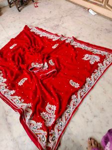 moti work heavy red ♥️ saree with blouse 😍