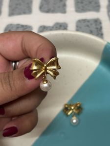 Golden Bow Pearl Drop Earrings