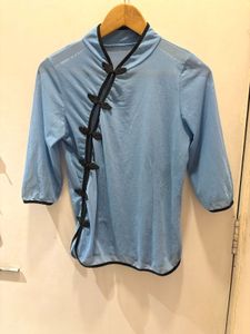 Beautiful Blue Mandarin Collar Mesh Top