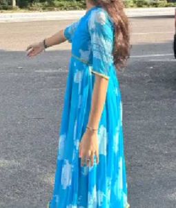 Blue Anarkali Dress with Floral Print