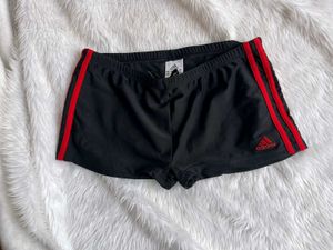 Adidas black three striped red mini shorts