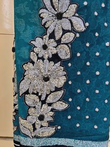 Designer Turquoise Green Saree With Black Net
