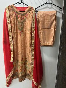 Orange Embroidered Pant Suit