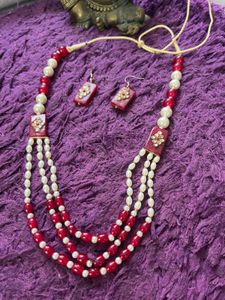 Red &amp; Pearl Beaded Necklace &amp; Earrings Set